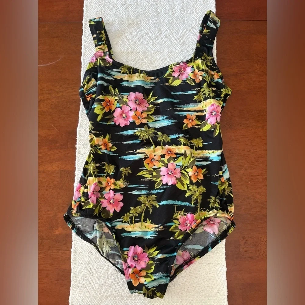 🩱 Vintage Longitude Scoopneck Floral Tank Crisscross Back Straps Swimsuit sz 12